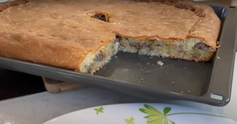 Пирог с мясом и сочной начинкой.  Быстрое тесто: съедаем весь за ужин